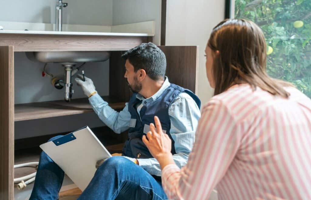 plumber explaining to a client the problem with her kitchen sink before fixing it