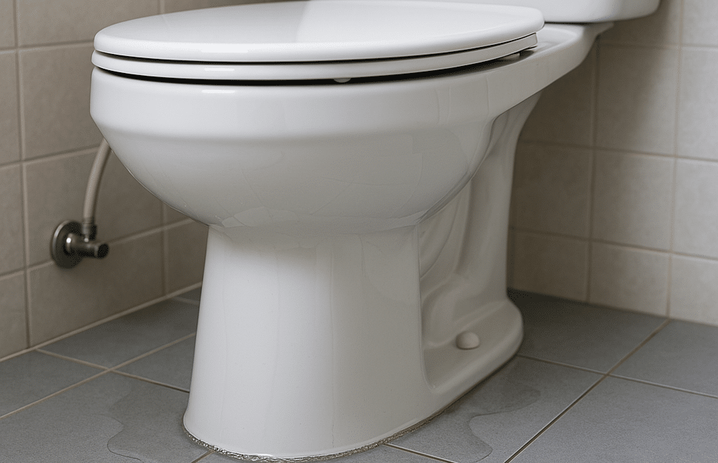 Close-up of a white ceramic toilet leaking water at the base onto a tiled bathroom floor.