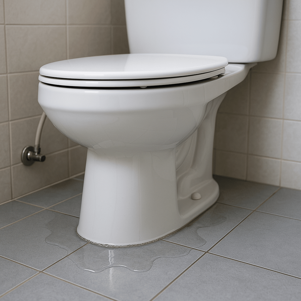 Close-up of a white ceramic toilet leaking water at the base onto a tiled bathroom floor.