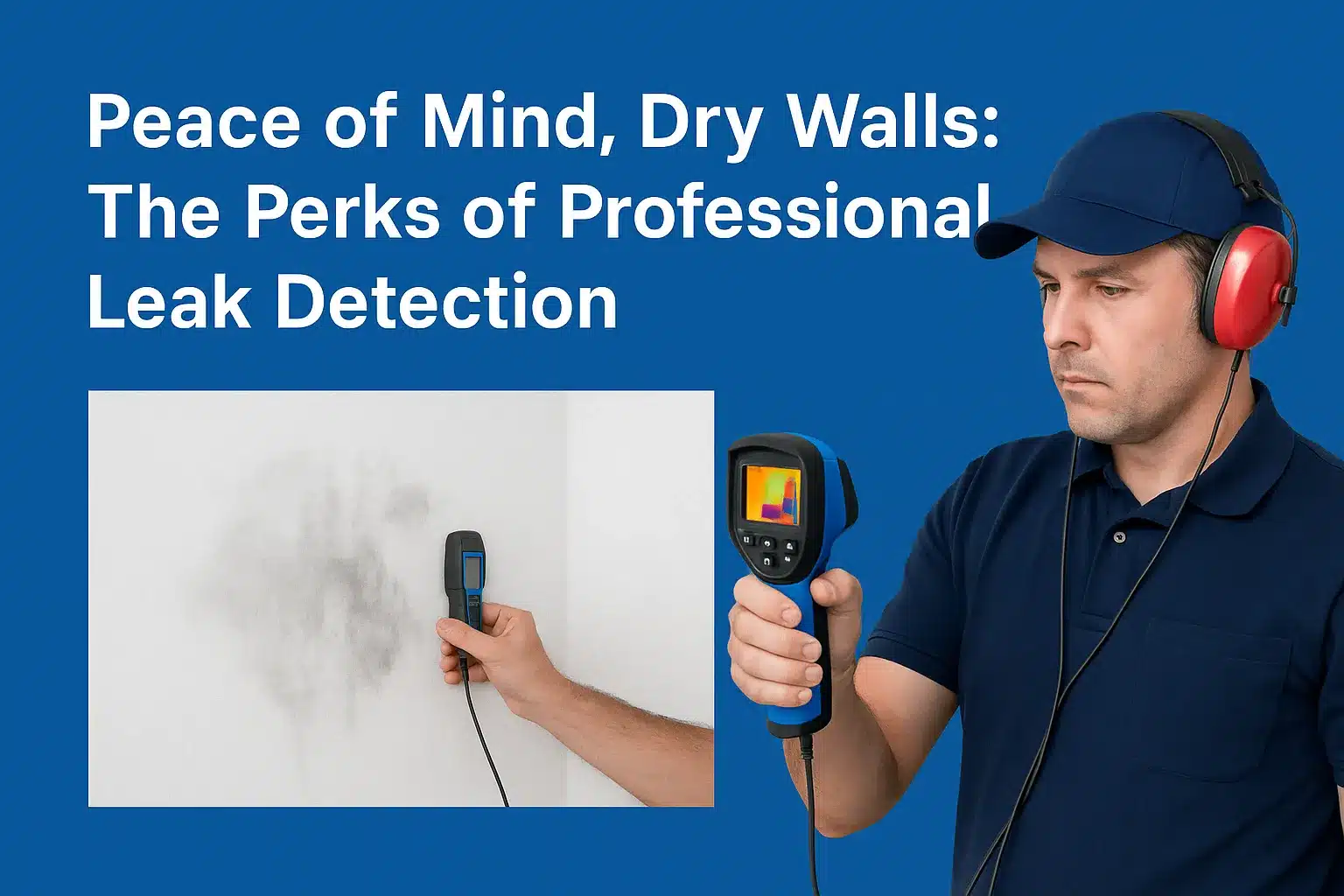 Plumber using thermal imaging and moisture meter to detect hidden wall leak in Sydney home.