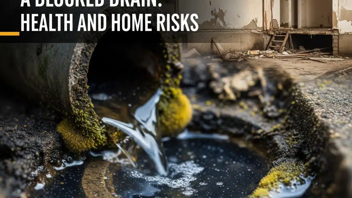 A blocked drain overflowing with murky water, highlighting the risks of mold, bacteria, and potential home damage.