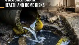 A blocked drain overflowing with murky water, highlighting the risks of mold, bacteria, and potential home damage.