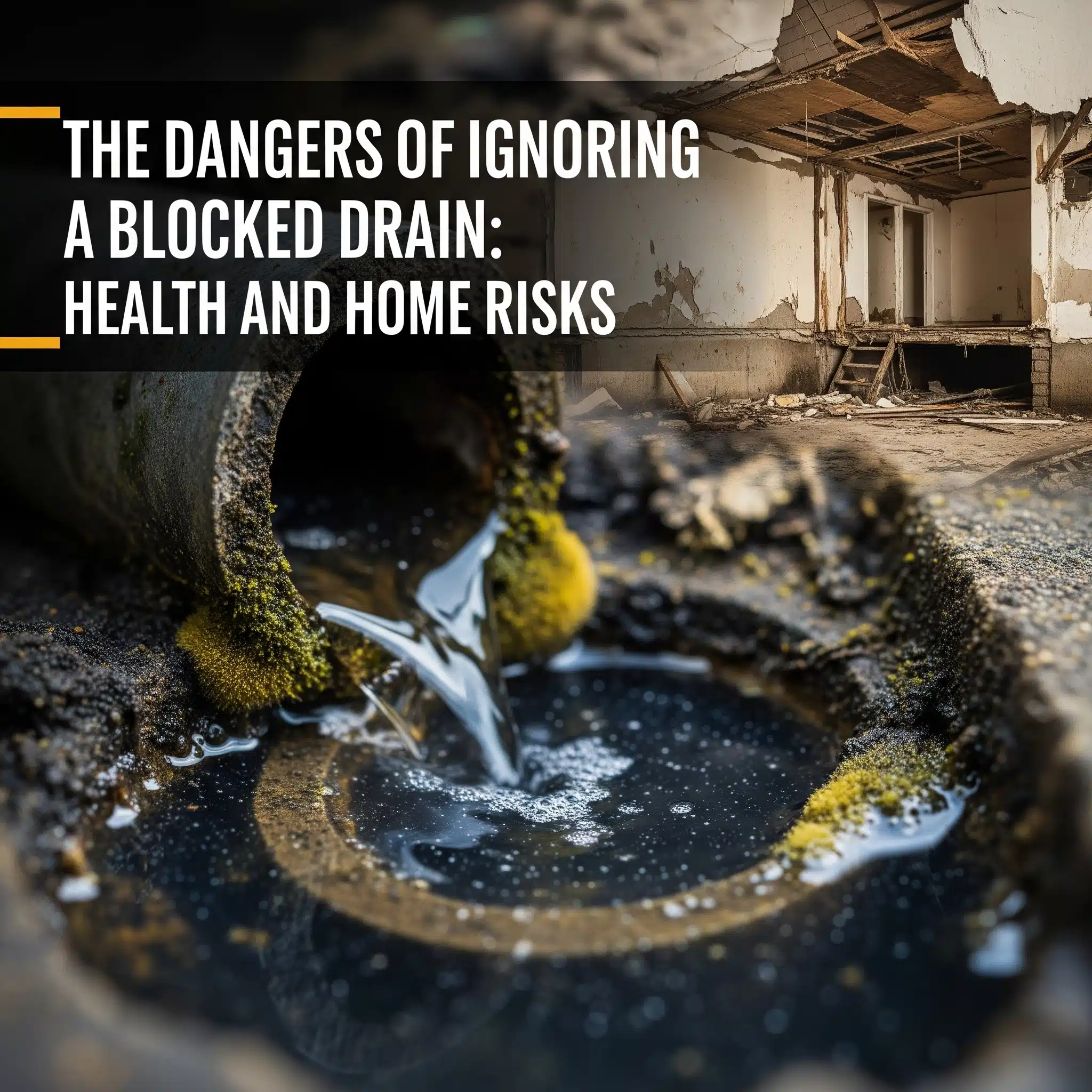 A blocked drain overflowing with murky water, highlighting the risks of mold, bacteria, and potential home damage.