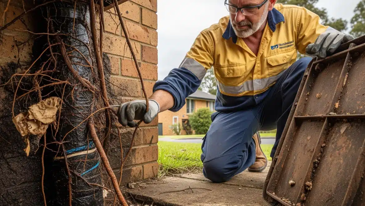 Plumber inspecting a severely blocked drain with visible tree roots, grease, and debris in Sutherland Shire.