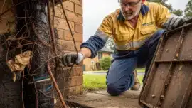 Plumber inspecting a severely blocked drain with visible tree roots, grease, and debris in Sutherland Shire.