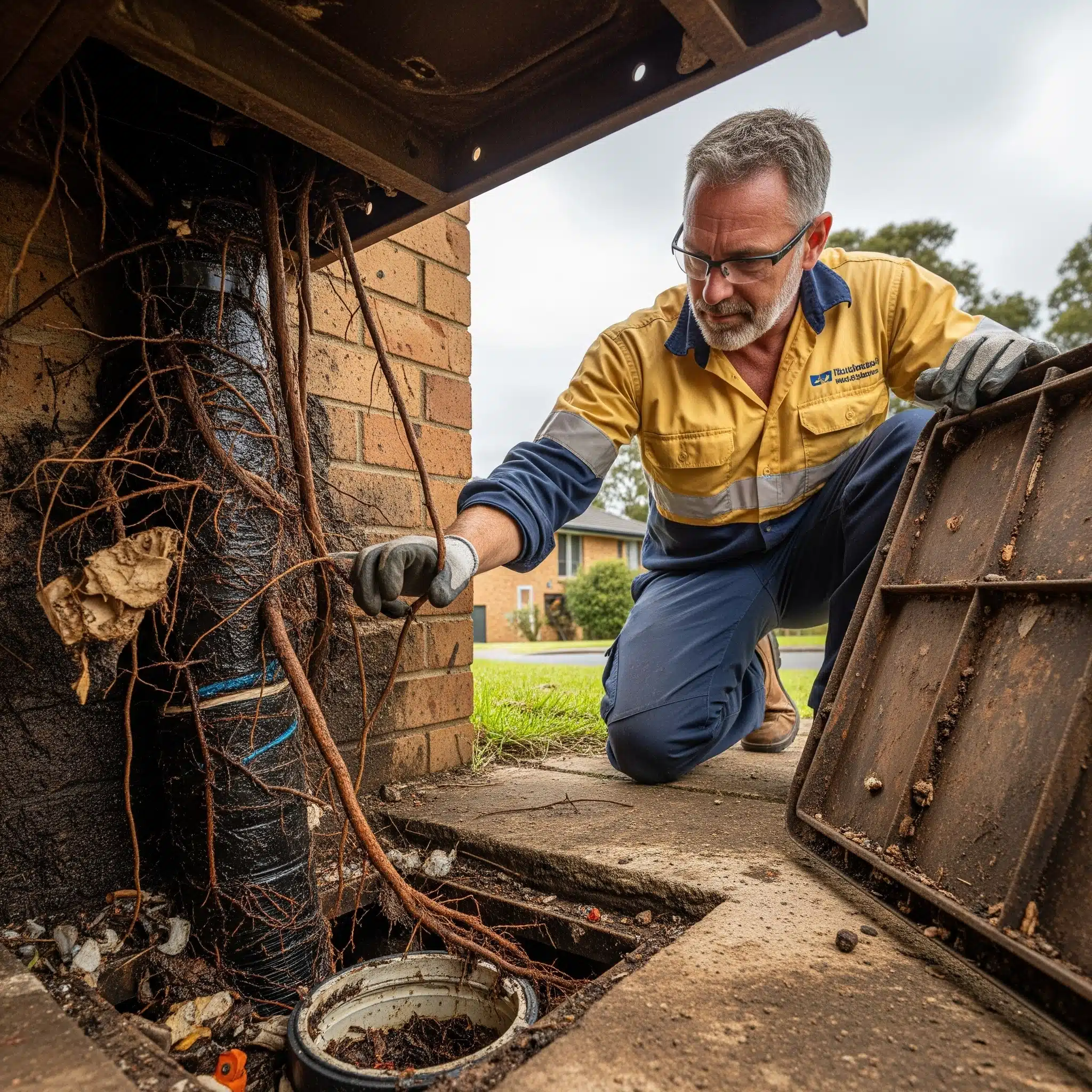Plumber inspecting a severely blocked drain with visible tree roots, grease, and debris in Sutherland Shire.
