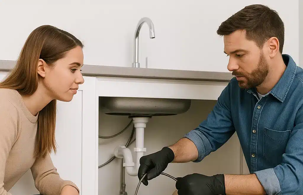 Plumber unclogging a kitchen drain while a woman watches in a modern Sutherland Shire home.