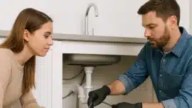Plumber unclogging a kitchen drain while a woman watches in a modern Sutherland Shire home.