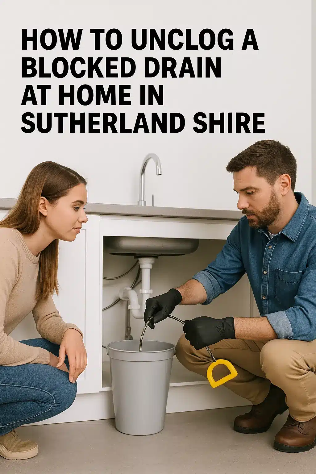 Plumber unclogging a kitchen drain while a woman watches in a modern Sutherland Shire home.