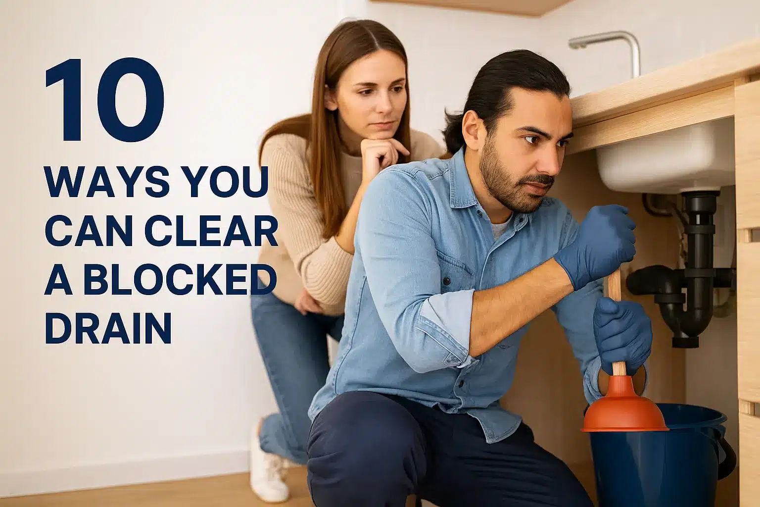 Plumber using a plunger under a kitchen sink while a concerned woman watches, illustrating a hands-on approach to clearing a blocked drain at home.