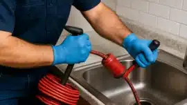 Close-up of a plumber in blue gloves using a red drain auger to clear a stainless steel kitchen sink, captured in a modern tiled kitchen setting.