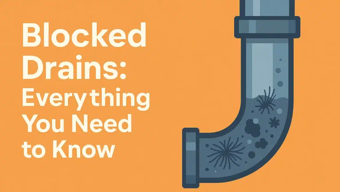 A digital graphic showing a partially blocked drainpipe with debris, alongside the title 'Blocked Drains: Everything You Need to Know' on an orange background.