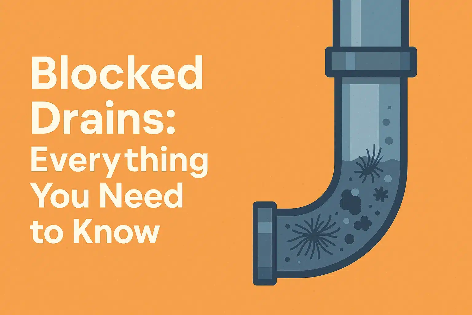 A digital graphic showing a partially blocked drainpipe with debris, alongside the title 'Blocked Drains: Everything You Need to Know' on an orange background.