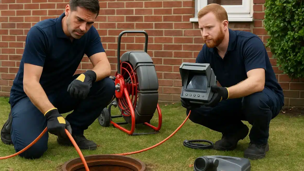 Two professional plumbers outdoors clearing a blocked sewer; one guides a hose into the access point while the other inspects a live camera feed near a brick house.