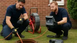 Two professional plumbers outdoors clearing a blocked sewer; one guides a hose into the access point while the other inspects a live camera feed near a brick house.
