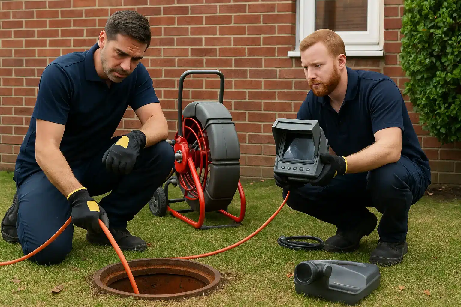 Two professional plumbers outdoors clearing a blocked sewer; one guides a hose into the access point while the other inspects a live camera feed near a brick house.