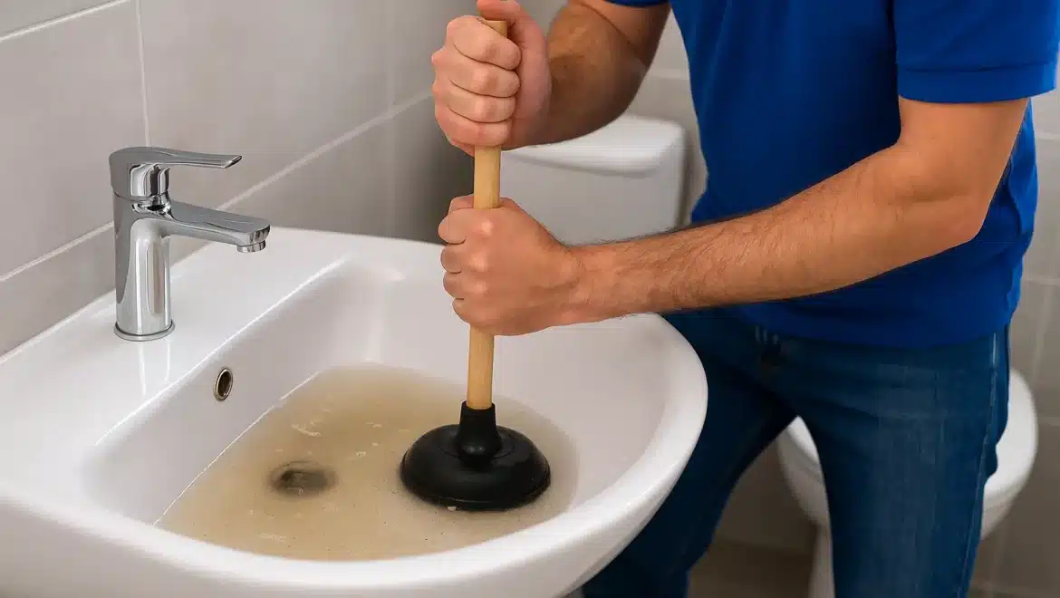 A plumber in a blue uniform plunges a bathroom sink filled with murky water, addressing a clogged drain in a modern tiled bathroom.