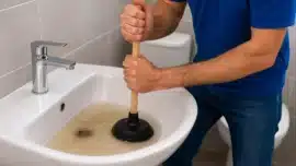 A plumber in a blue uniform plunges a bathroom sink filled with murky water, addressing a clogged drain in a modern tiled bathroom.