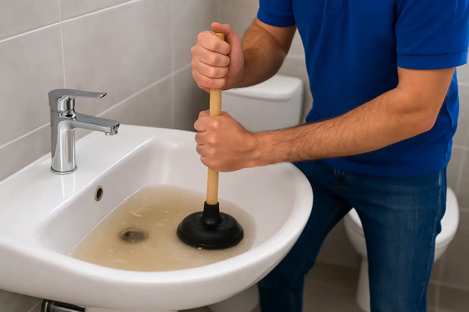 A plumber in a blue uniform plunges a bathroom sink filled with murky water, addressing a clogged drain in a modern tiled bathroom.
