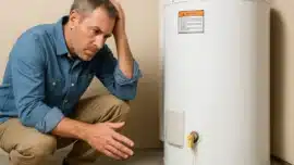 A concerned man crouching next to a leaking hot water heater in a utility room, inspecting the valve for signs of damage or wear.