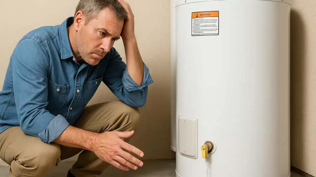 A concerned man crouching next to a leaking hot water heater in a utility room, inspecting the valve for signs of damage or wear.