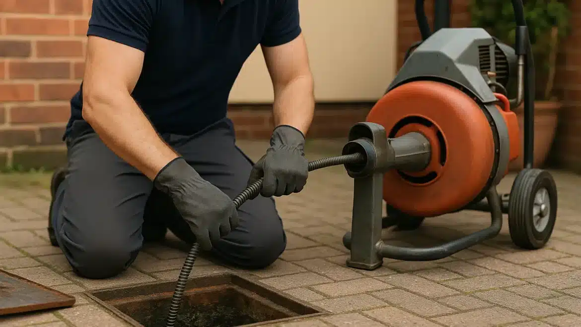 A professional plumber kneeling next to a bathroom drain with specialised equipment, working on a blocked pipe in a clean, modern bathroom.