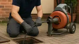 A professional plumber kneeling next to a bathroom drain with specialised equipment, working on a blocked pipe in a clean, modern bathroom.