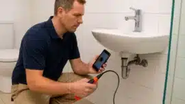 A plumber crouched beside a white sink using a handheld inspection camera, checking the drain while viewing the live feed on a smartphone in a tiled bathroom.