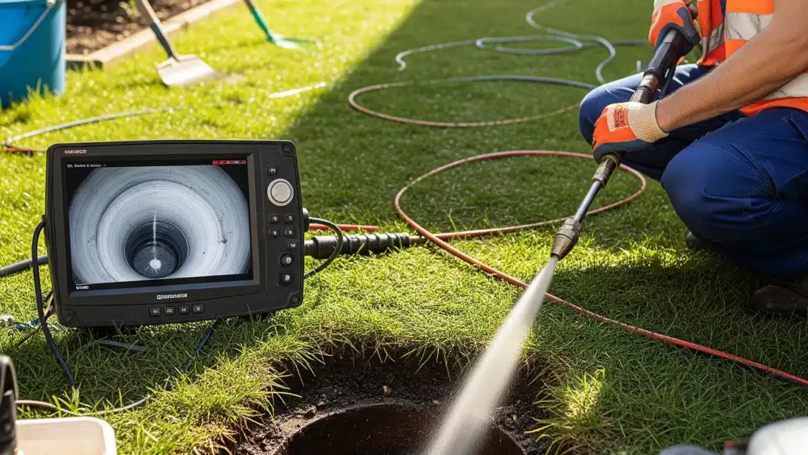 Plumber uses high-pressure jet blaster and CCTV camera to clear a blocked sewer in a Sutherland Shire backyard.