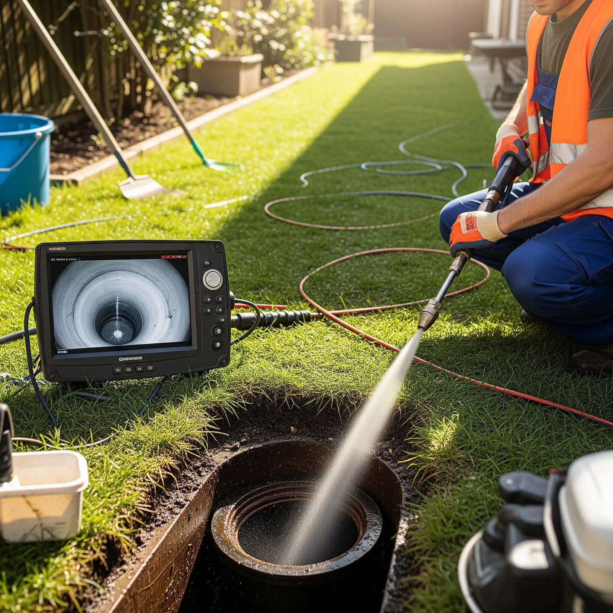Plumber uses high-pressure jet blaster and CCTV camera to clear a blocked sewer in a Sutherland Shire backyard.