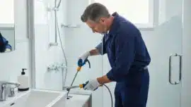A landscape image of a plumber working on a bathroom drain in a modern bathroom setting.