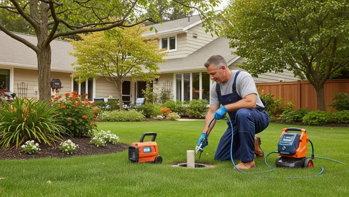 A plumber working on an outdoor drain in a suburban backyard.