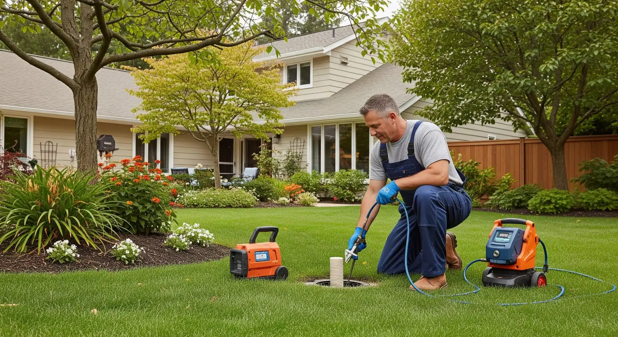 A plumber working on an outdoor drain in a suburban backyard.
