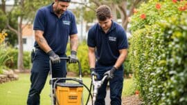 Two plumbers from South East Plumbing in navy uniforms clearing a blocked drain with a jetting machine in a Sutherland Shire garden.