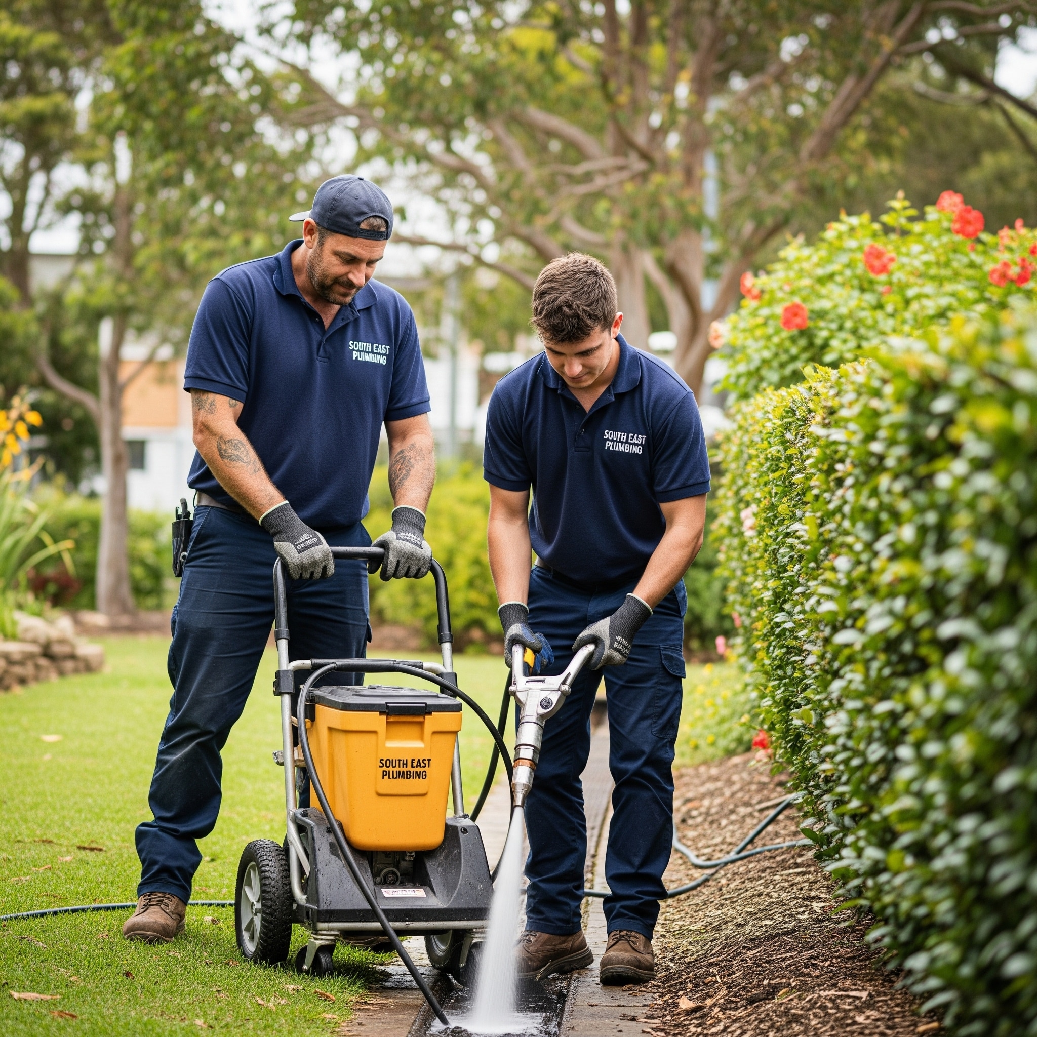 Two plumbers from South East Plumbing in navy uniforms clearing a blocked drain with a jetting machine in a Sutherland Shire garden.