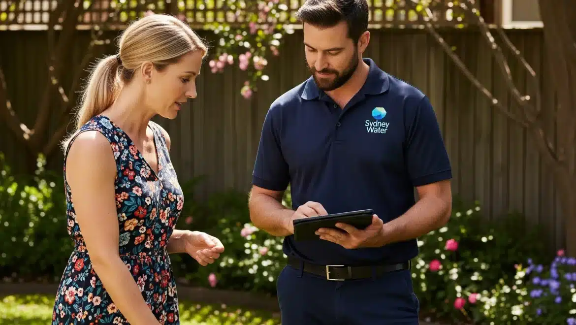 A homeowner and a Sydney Water worker are examining an open sewer drain, with the worker pointing inside.