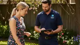 A homeowner and a Sydney Water worker are examining an open sewer drain, with the worker pointing inside.
