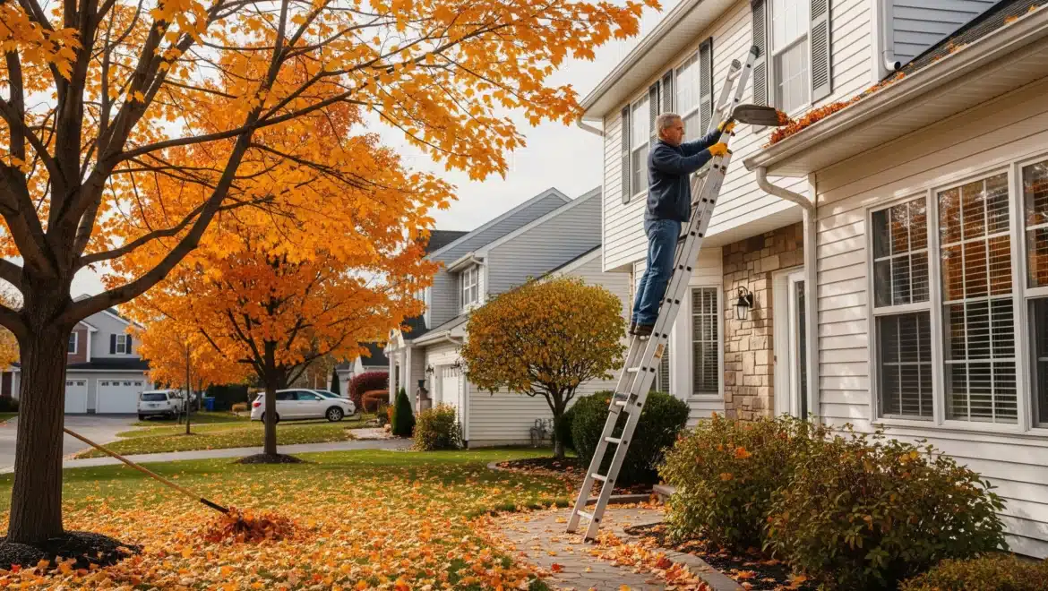 A landscape image showing a homeowner clearing leaves from gutters of a suburban home in autumn.