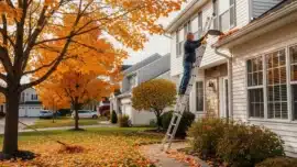 A landscape image showing a homeowner clearing leaves from gutters of a suburban home in autumn.