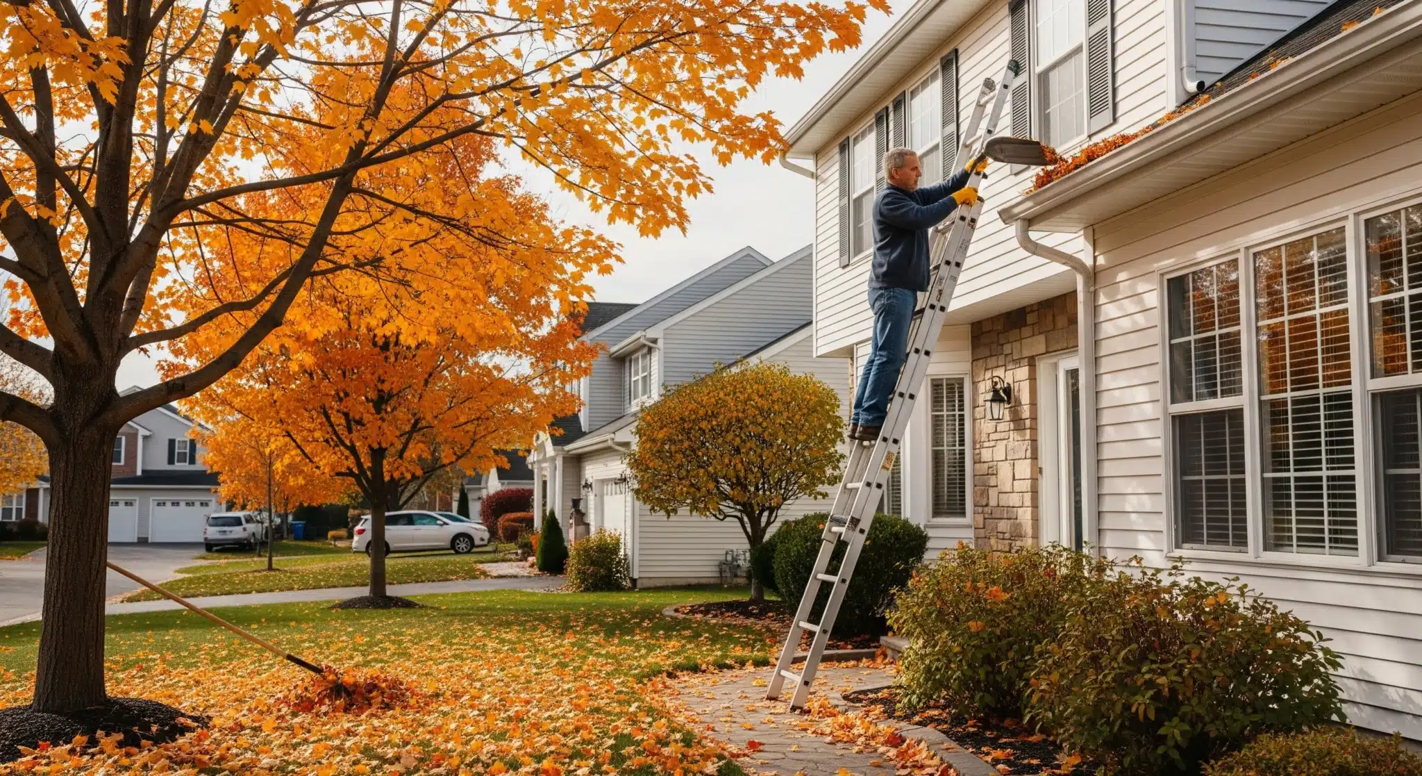 A landscape image showing a homeowner clearing leaves from gutters of a suburban home in autumn.