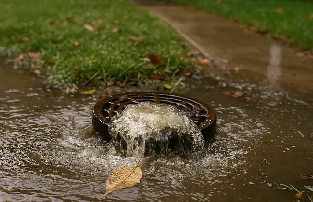 Outdoor residential drain overflowing with muddy water due to a severe blockage, surrounded by grass, leaves, and a sidewalk in Sutherland Shire after heavy rain
