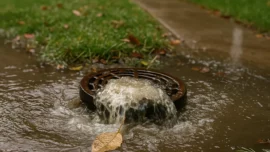 Outdoor residential drain overflowing with muddy water due to a severe blockage, surrounded by grass, leaves, and a sidewalk in Sutherland Shire after heavy rain