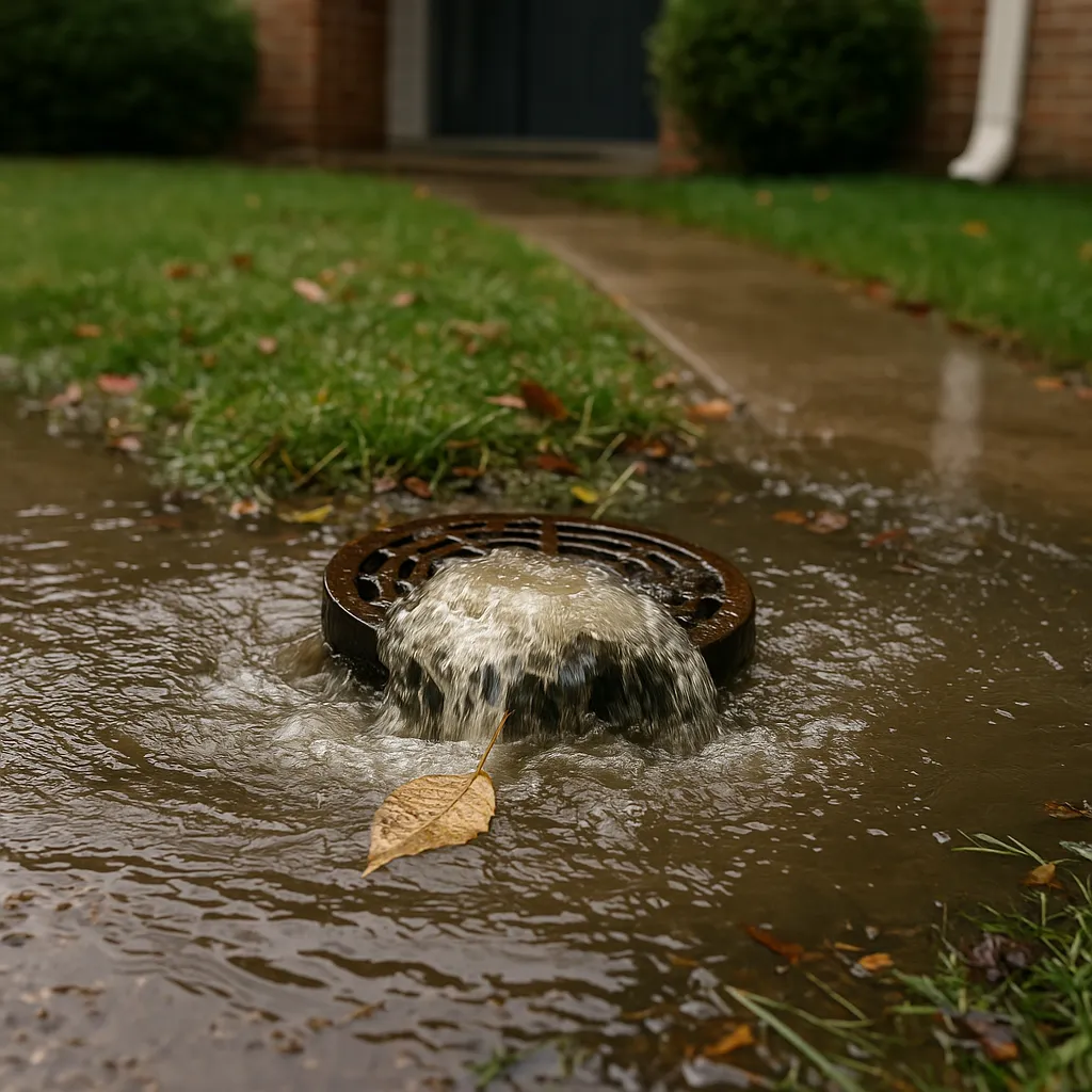 Outdoor residential drain overflowing with muddy water due to a severe blockage, surrounded by grass, leaves, and a sidewalk in Sutherland Shire after heavy rain