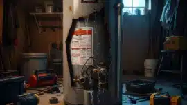 A severely damaged hot water heater with a large hole in its side, leaking water onto a concrete floor in a cluttered basement. Various tools are scattered around the base of the unit.