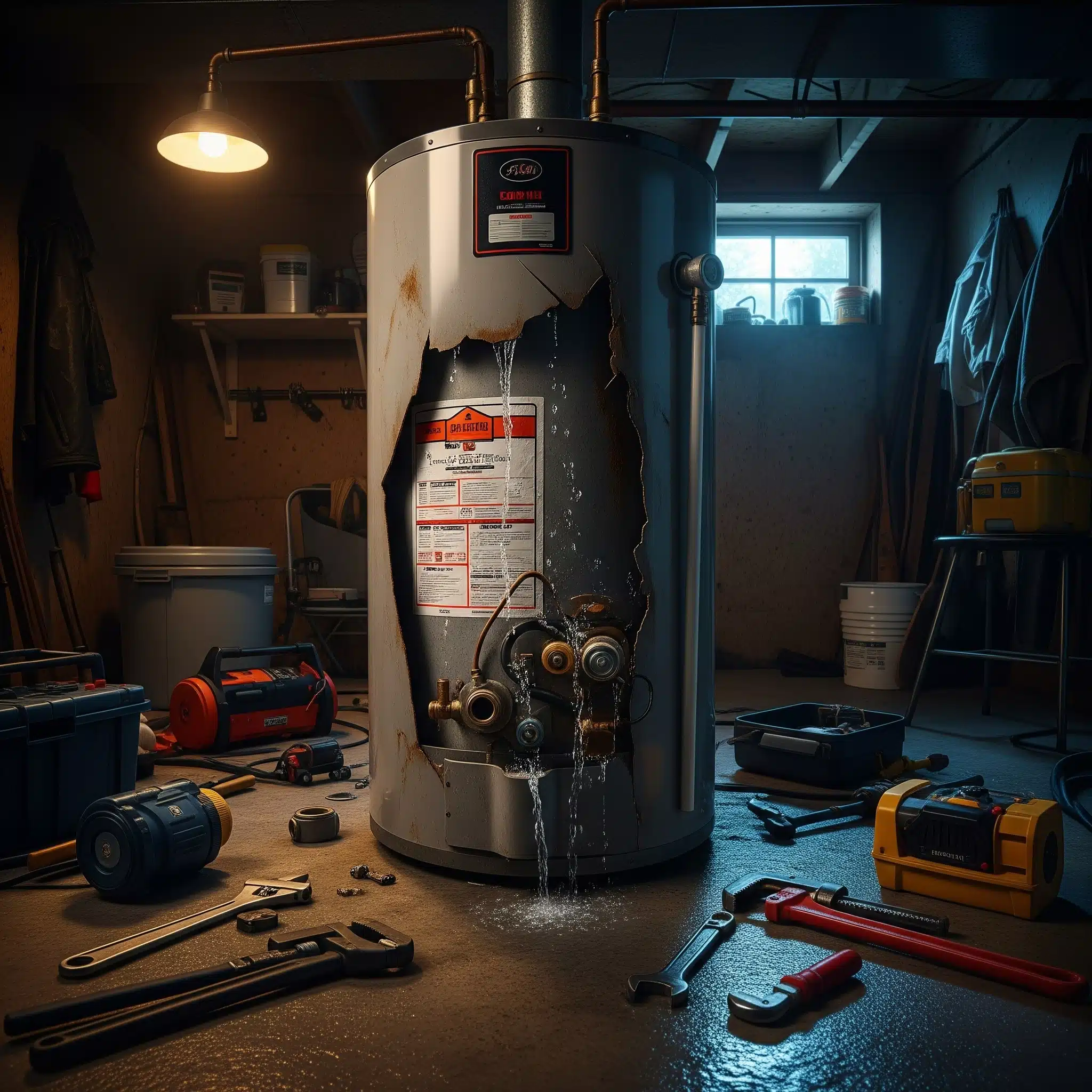 A severely damaged hot water heater with a large hole in its side, leaking water onto a concrete floor in a cluttered basement. Various tools are scattered around the base of the unit.