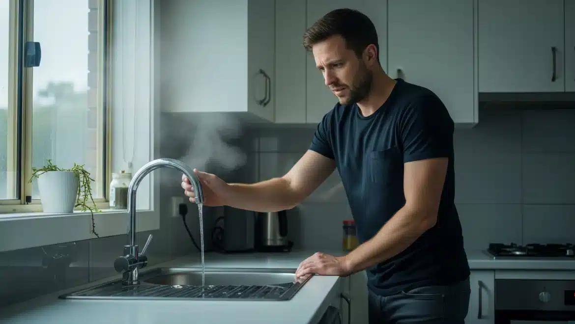 A man in a modern kitchen looks with concern at a tap producing only a weak trickle of water, conveying frustration on a cold morning.