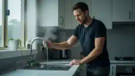 A man in a modern kitchen looks with concern at a tap producing only a weak trickle of water, conveying frustration on a cold morning.