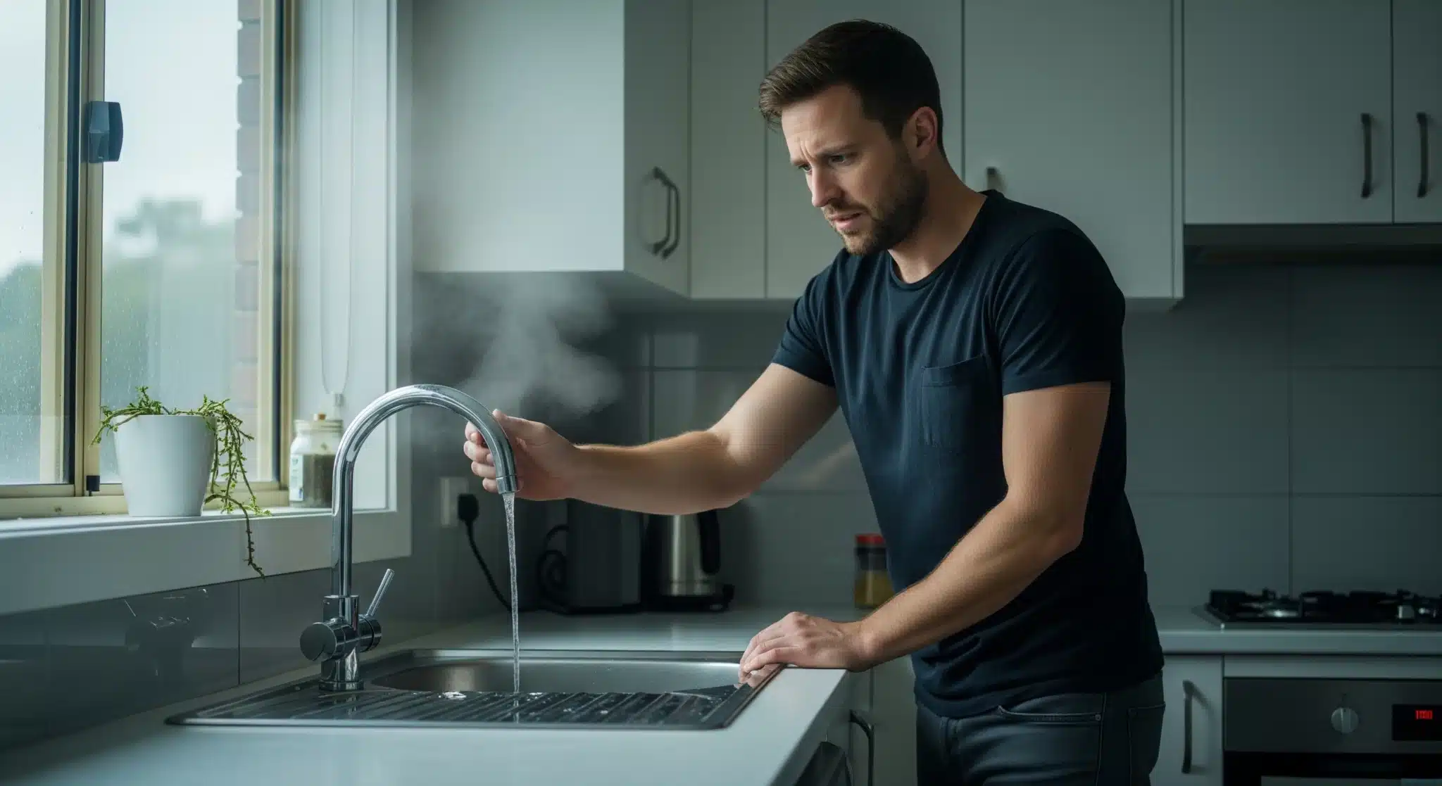 A man in a modern kitchen looks with concern at a tap producing only a weak trickle of water, conveying frustration on a cold morning.