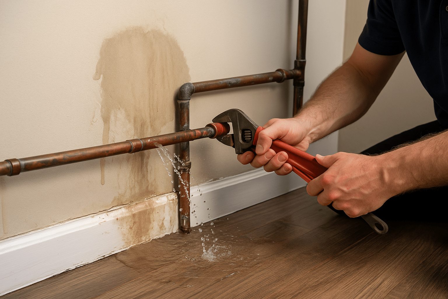 Image showing leaking pipes being repaired.