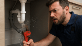 image depecting plumber solving emergency plumbing issue.